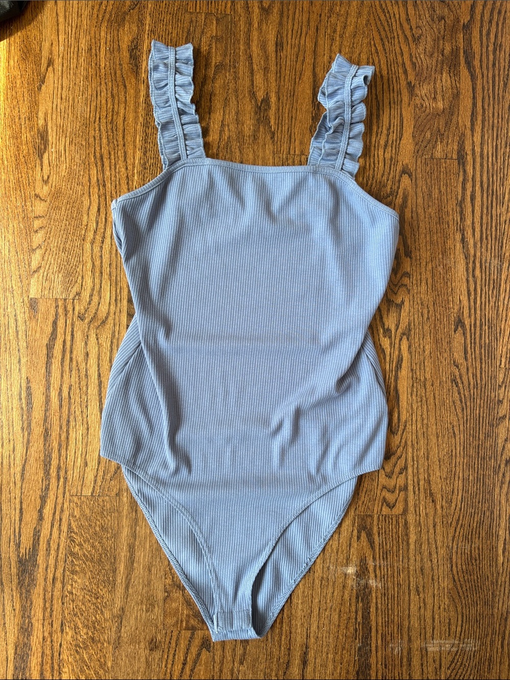 Kaileigh Light Blue Ruffled Strap Ribbed Bodysuit